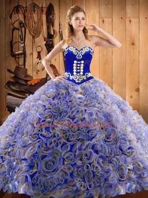 Cute Multi-color Lace Up Ball Gown Prom Dress Embroidery Sleeveless With Train Sweep Train