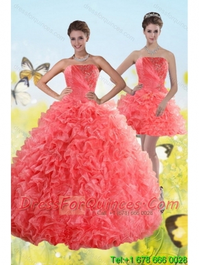 New Styles Watermelon Strapless 2015 Quince Dresses with Beading and Ruffles