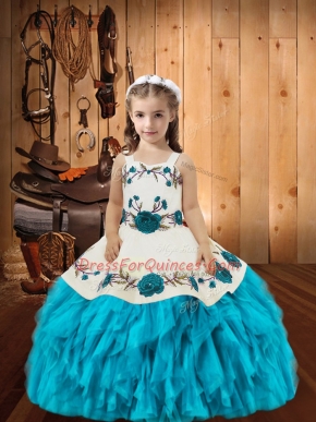 Floor Length Ball Gowns Sleeveless Baby Blue Kids Pageant Dress Lace Up