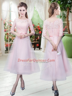 Baby Pink A-line Scoop Half Sleeves Ankle Length Lace Up Belt Homecoming Dress