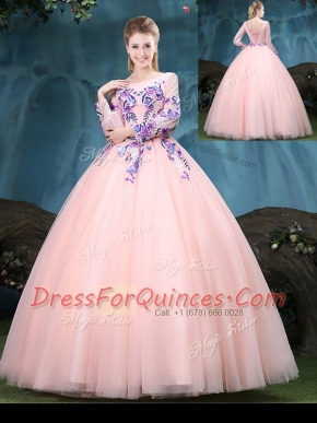 Scoop Long Sleeves Tulle Floor Length Lace Up 15 Quinceanera Dress in Baby Pink with Appliques
