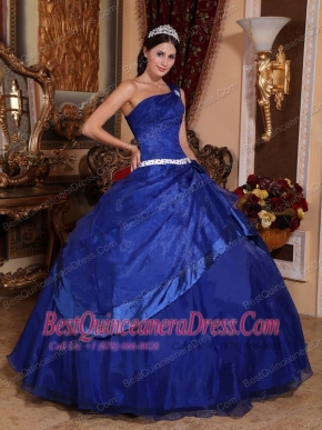 Blue Ball Gown One Shoulder Floor-length Organza Beading Quinceanera Dress