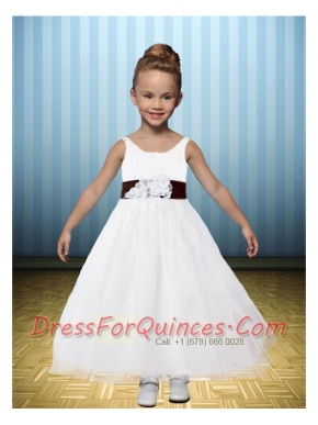 A-Line Hand Made Flowers Off the Shoulder 2014 Flower Girl Dress with Tea-length