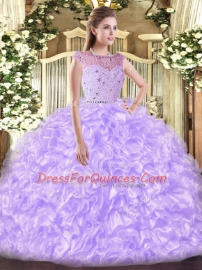 Suitable Lavender Zipper Bateau Beading and Ruffles Quince Ball Gowns Tulle Sleeveless