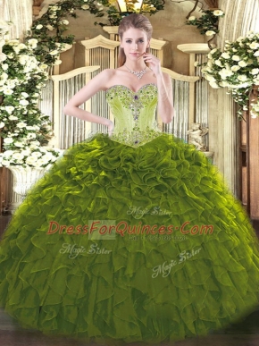 Dynamic Floor Length Lace Up Sweet 16 Dresses Olive Green for Sweet 16 and Quinceanera with Beading and Ruffles