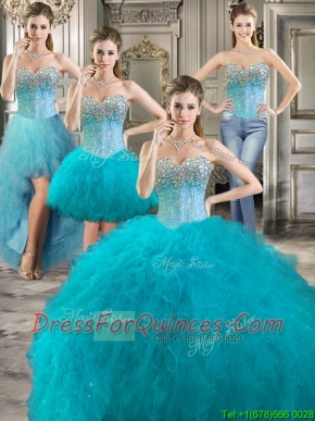 Modern Beaded Bodice and Ruffled Detachable Quinceanera Dresses in Teal