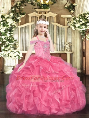 Sleeveless Lace Up Floor Length Beading and Ruffles Little Girls Pageant Gowns