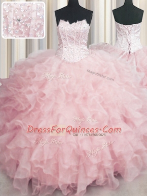 Shining Visible Boning Baby Pink Scalloped Neckline Beading and Ruffles Ball Gown Prom Dress Sleeveless Lace Up