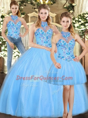 Baby Blue Quinceanera Gowns Sweet 16 and Quinceanera with Embroidery Halter Top Sleeveless Lace Up