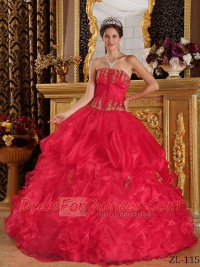 Strapless Ball Gown Appliques Ruffles Red Organza Best Quinceanera Dresses