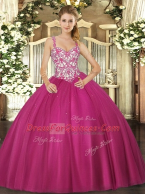 Luxurious Floor Length Fuchsia Quinceanera Gowns Straps Sleeveless Lace Up