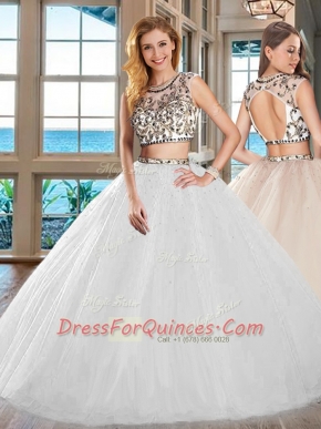 Fantastic White Scoop Neckline Beading Quinceanera Dresses Cap Sleeves Backless