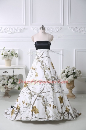 High Quality Brush Train A-line Evening Dress White Off The Shoulder Printed Sleeveless