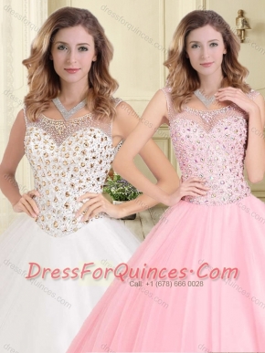 Elegant See Through Scoop Beaded Bodice Quinceanera Dress in Tulle