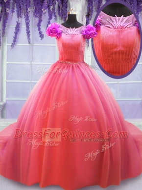 Unique Watermelon Red Vestidos de Quinceanera Military Ball and Sweet 16 and Quinceanera and For with Hand Made Flower Scoop Short Sleeves Court Train Lace Up