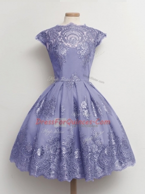 Excellent A-line Damas Dress Lavender Scalloped Tulle Cap Sleeves Knee Length Lace Up
