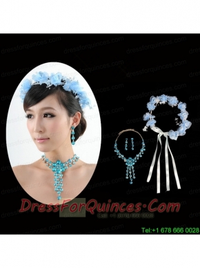 Blue Flowers Rhinestone Jewelry Set Including Necklace And Earrings
