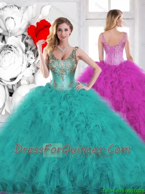 Gorgeous Beading Scoop Teal Quinceanera Dresses with Ruffles