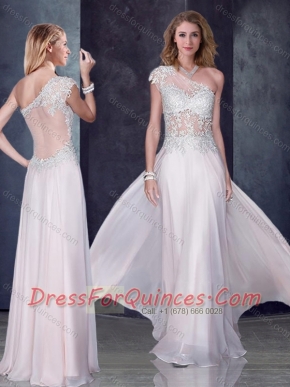 One Shoulder Applique Baby Pink Prom Dress with See Through Back
