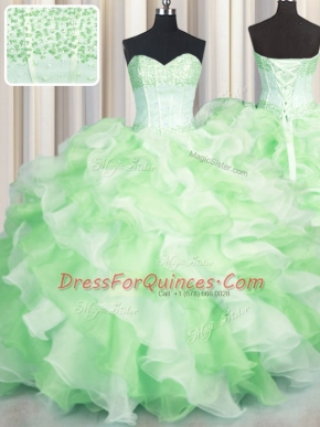 Visible Boning Two Tone Sleeveless Lace Up Floor Length Beading and Ruffles Sweet 16 Quinceanera Dress
