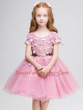 Luxury Scoop Short Sleeves Flower Girl Dresses Mini Length Lace and Belt Pink Tulle