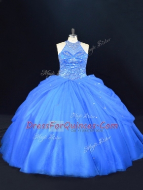 Clearance Blue Halter Top Neckline Beading Sweet 16 Dress Sleeveless Lace Up