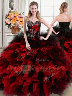 Dynamic Black and Red Sleeveless Floor Length Beading and Ruffles and Hand Made Flower Lace Up Quinceanera Gowns