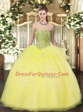 Traditional Yellow Sleeveless Floor Length Beading and Ruffles Lace Up Vestidos de Quinceanera