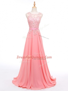 Custom Designed Watermelon Red Empire Chiffon Sleeveless Beading and Lace Lace Up Brush Train