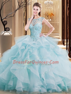 Wonderful Scoop Sleeveless Beading and Ruffles Lace Up Quinceanera Dress with Light Blue Brush Train