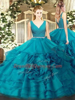 Teal Sleeveless Beading Floor Length Quinceanera Gown