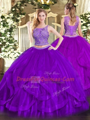 Purple Scoop Neckline Beading and Ruffles 15th Birthday Dress Sleeveless Lace Up