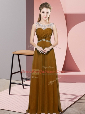 Brown Backless Scoop Beading and Ruching Prom Gown Chiffon Sleeveless
