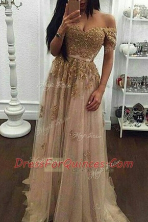 Dazzling Off the Shoulder Champagne Tulle Zipper Short Sleeves With Train Sweep Train Beading and Appliques