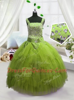 Yellow Green Lace Up Straps Beading and Ruffles Little Girl Pageant Gowns Tulle Sleeveless