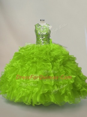 Deluxe Green Ball Gowns Scoop Sleeveless Organza Floor Length Lace Up Ruffles and Sequins Sweet 16 Dresses