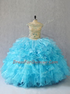 Adorable Off The Shoulder Sleeveless Quince Ball Gowns Floor Length Ruffles Baby Blue Organza