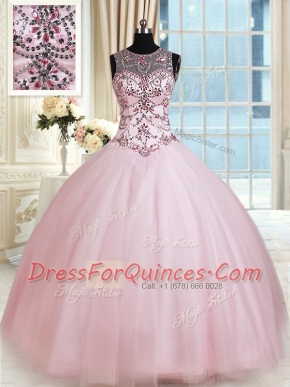 Scoop Baby Pink Lace Up Quinceanera Gown Beading Sleeveless Floor Length