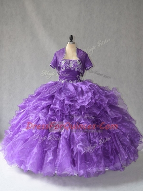 Purple Lace Up Strapless Beading and Ruffles 15 Quinceanera Dress Taffeta Sleeveless