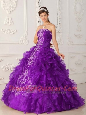 Strapless and Ruffles Purple Satin and Organza Purple and Embroidery Beadings Best Quinceanera Dresses