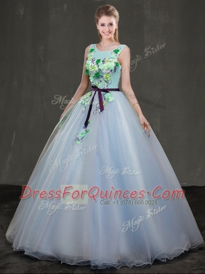 Light Blue Lace Up Scoop Appliques 15th Birthday Dress Organza Sleeveless