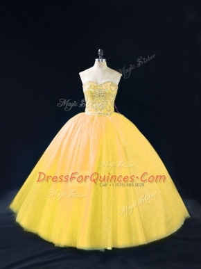 Lovely Floor Length Lace Up Quinceanera Dresses Gold for Sweet 16 and Quinceanera with Beading