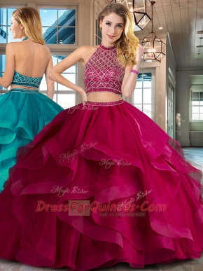 Graceful Backless Halter Top Sleeveless Sweet 16 Quinceanera Dress Brush Train Beading and Ruffles Fuchsia Tulle