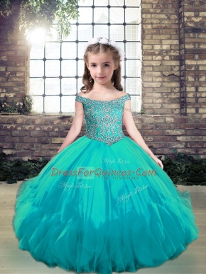 Off The Shoulder Sleeveless Tulle Kids Formal Wear Beading Lace Up