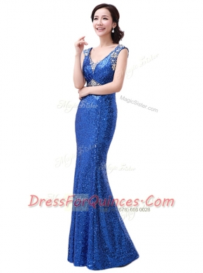 Sleeveless Sequined Floor Length Zipper Homecoming Dress in Royal Blue with Sequins