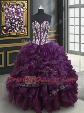 Simple Dark Purple Organza Lace Up Sweetheart Sleeveless Floor Length Quinceanera Gowns Beading and Ruffles