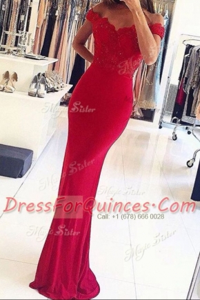 Attractive Mermaid Off the Shoulder Floor Length Zipper Prom Party Dress Red for Prom with Beading and Appliques