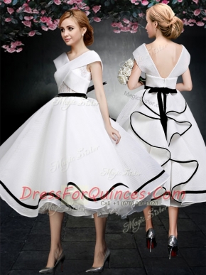 White Chiffon Zipper V-neck Cap Sleeves Tea Length Prom Gown Lace