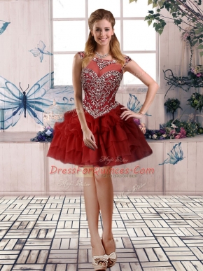 Burgundy Scoop Neckline Beading and Pick Ups Evening Dress Sleeveless Zipper