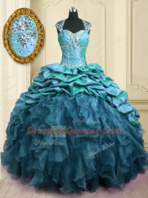Fashionable Teal Lace Up Sweetheart Beading and Ruffles and Pick Ups Sweet 16 Dresses Organza and Taffeta Cap Sleeves Brush Train